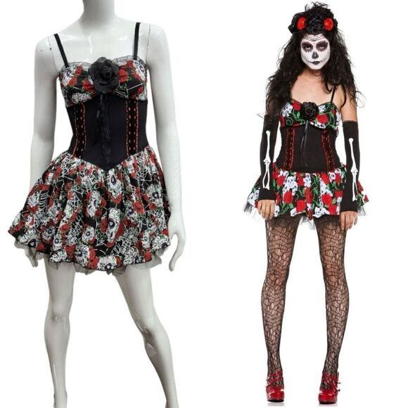 Lip Service Skulls & Roses Dress Up Costume Cosplay Mini Dress Size M - Picture 2 of 13